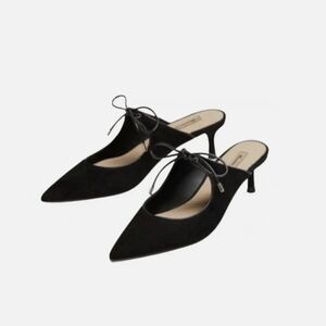 Massimo Dutti Mule Kitten Heel Suede Leather Shoes With Bow / US size 6,  EU 36